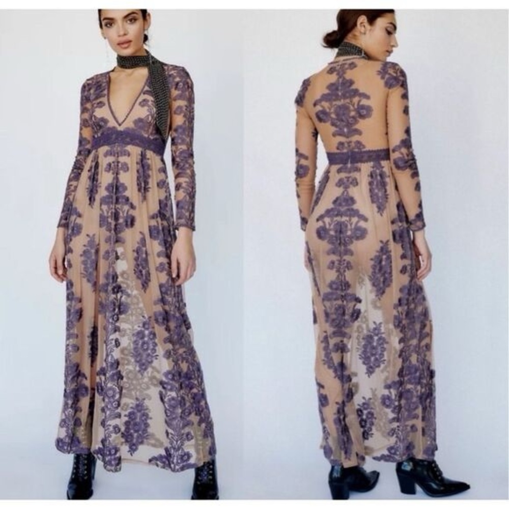 For Love And Lemons Purple Lace Long Sleeve Dress